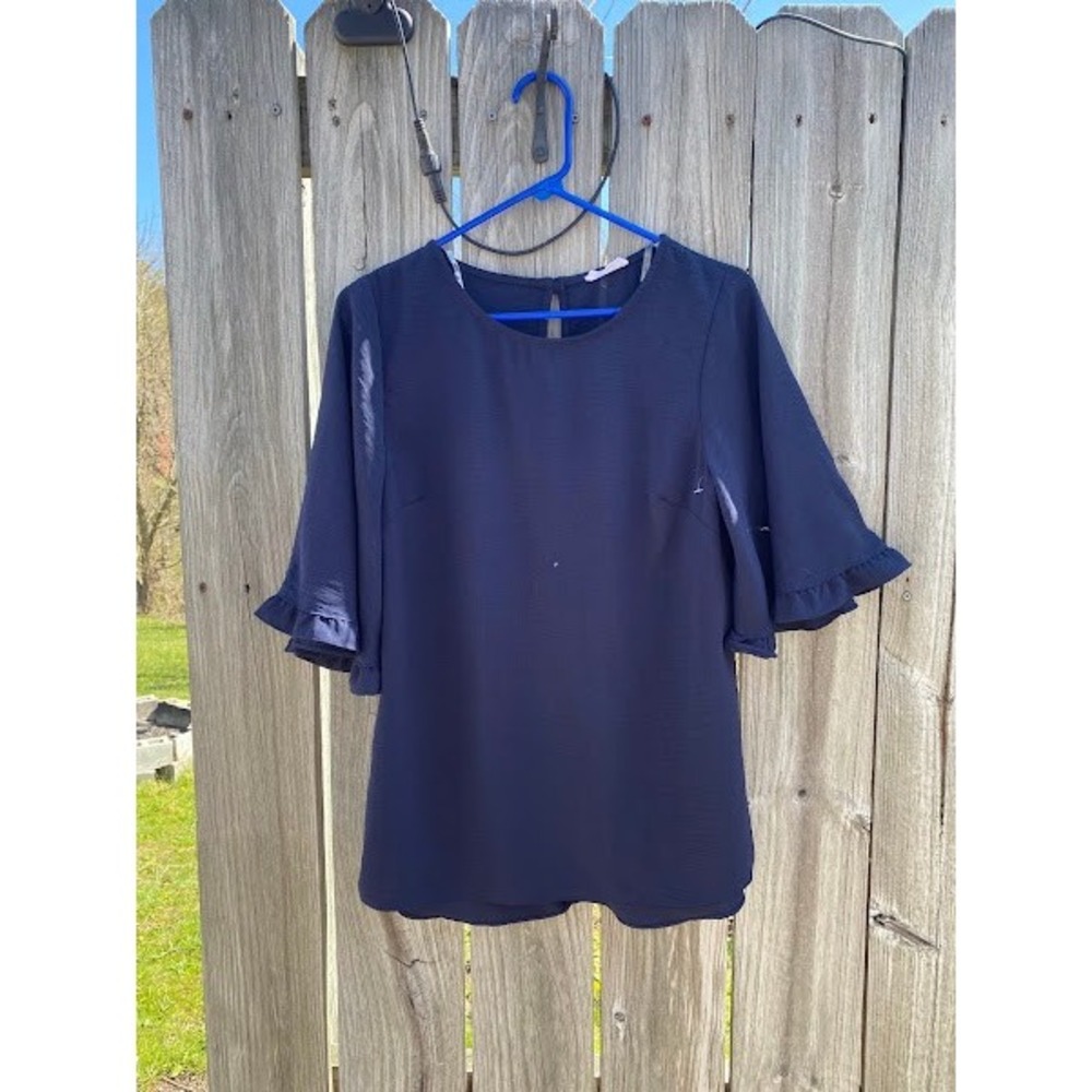 Spin USA Navy Blue Flutter Sleeve Ruffle Trim Blouse Round Neck Keyhole Back